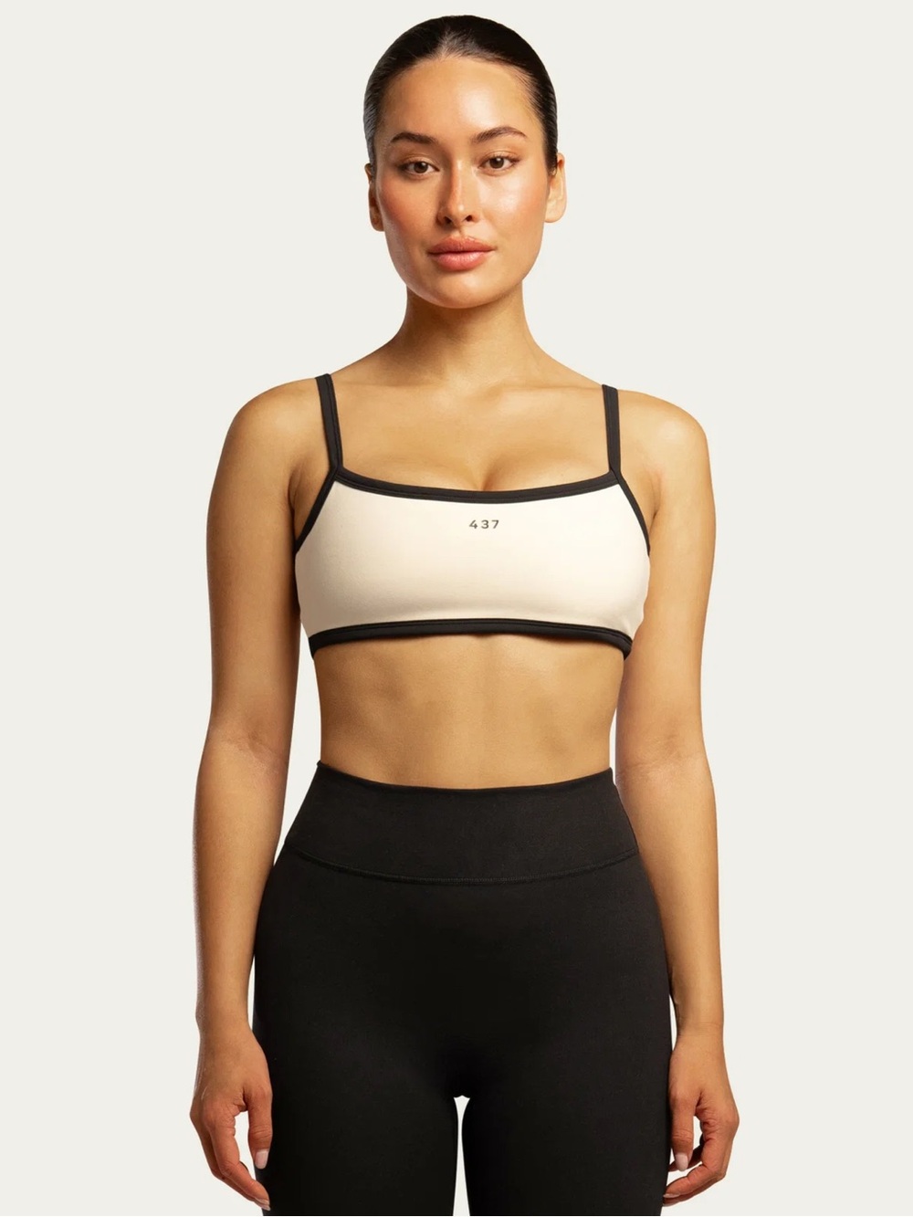 437 The Micro Bra Cream & Black Pilates Athletic Athleisure Sports Bra EUC Sz M